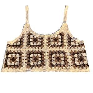 NEW Rebellion Cream and Brown Cropped Crochet Knit Tank Top - Sz M